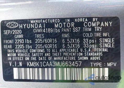 2021 Hyundai Kona Se z USA, uszkodzony, nr VIN KM8K1CAA3MU663457